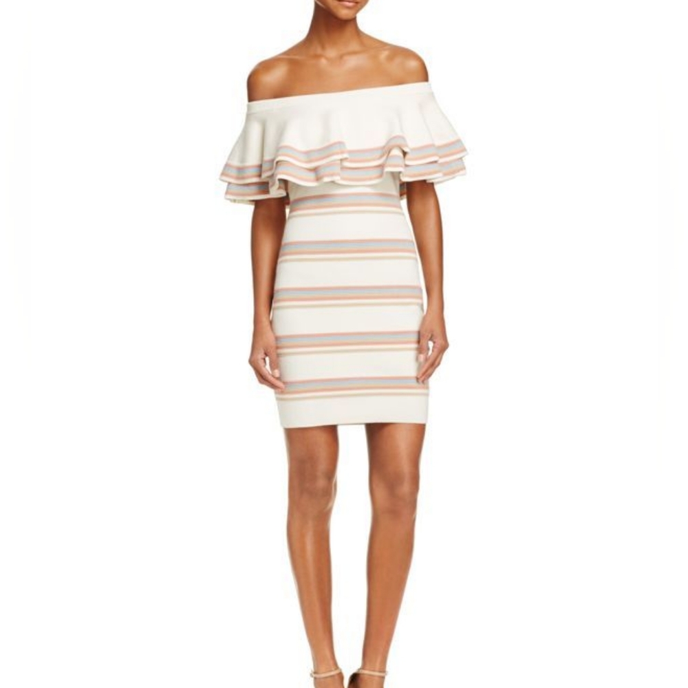 Endless Rose Off-Shoulder Ruffled Midi Dress in Cream with Pink and Tan Stripes